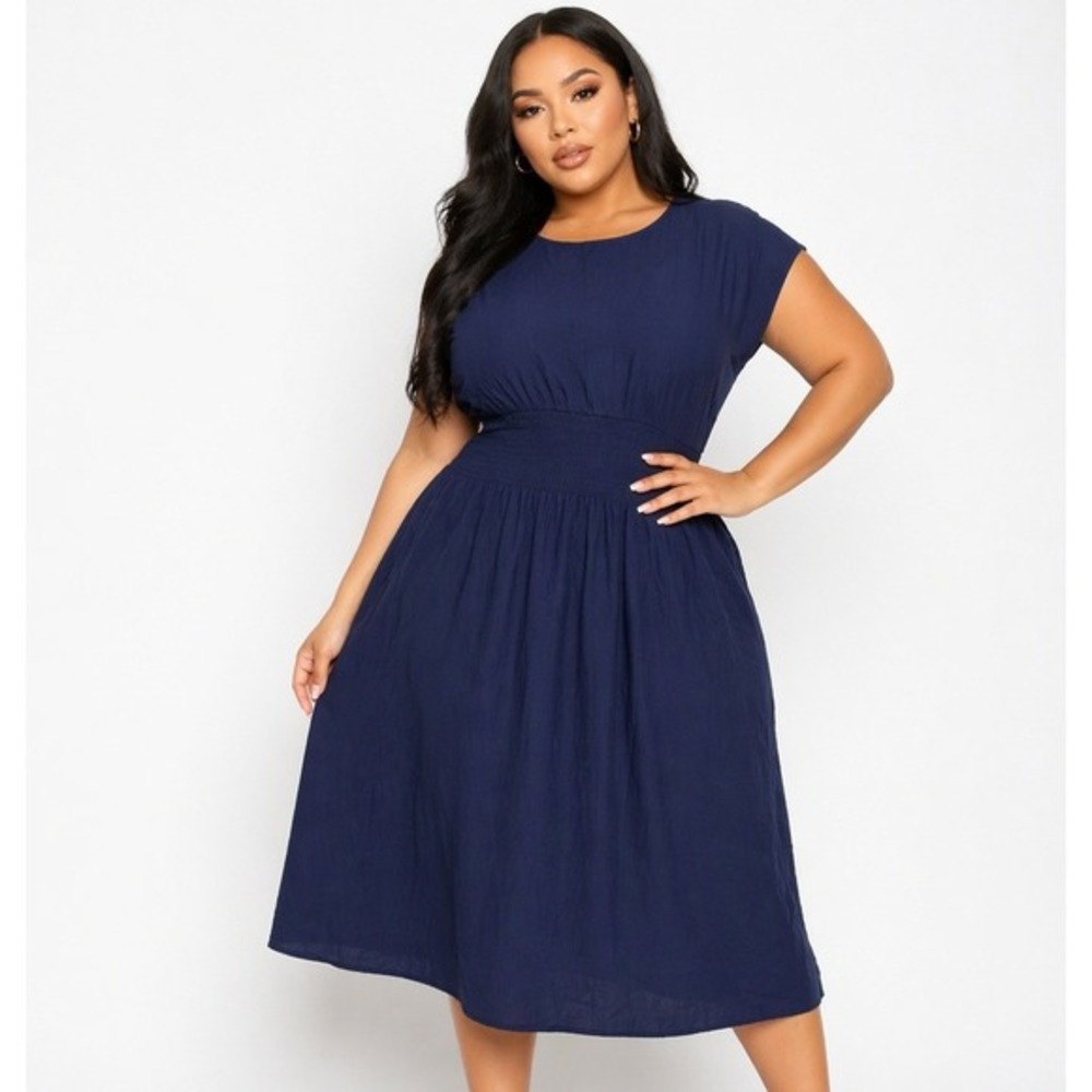 Daniel Rainn Navy Blue Smocked A-Line Midi Dress XXLP Cotton NWT